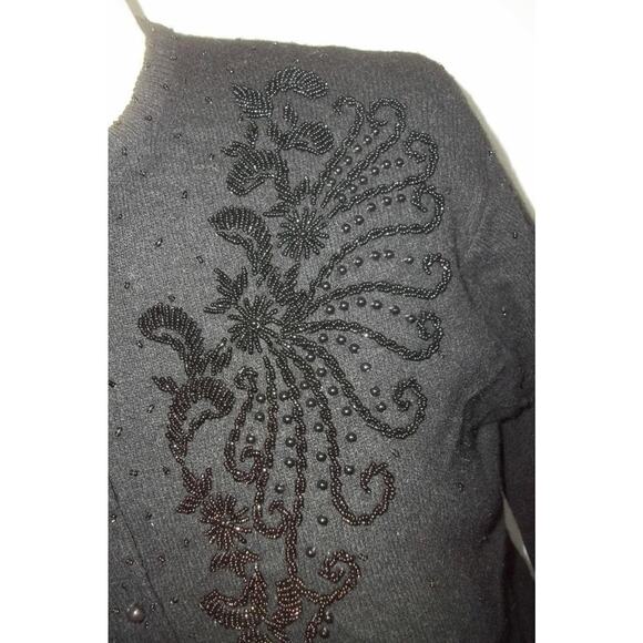Vintage 50's Black Beaded Floral Print Cardigan Sweater 44 - Picture 3 of 9